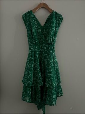 Green Printed Y2K V-Neck Tiered Midi Dress Sz S